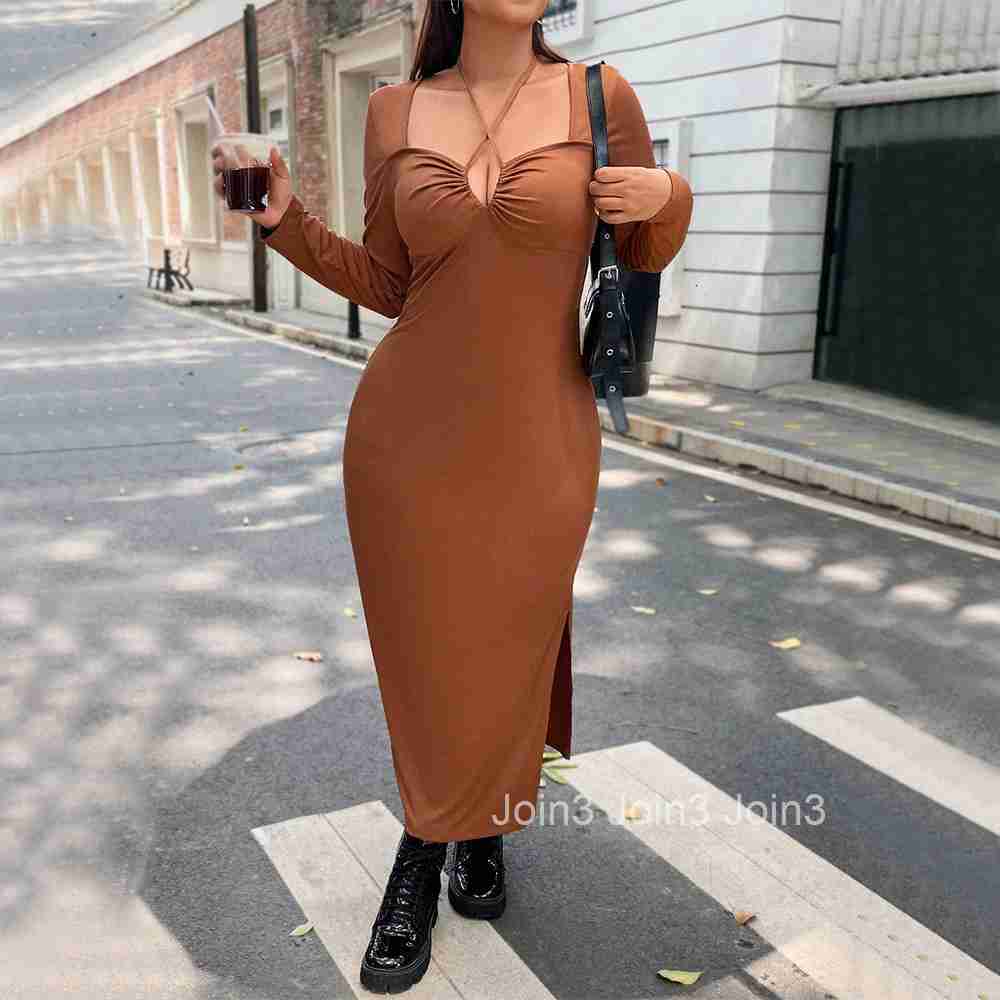Large Size Womens Neck Hanging V-neck Long Sleeved Slim Fit Hip Hugging Mid Length Skirt Sexy Slit Dress