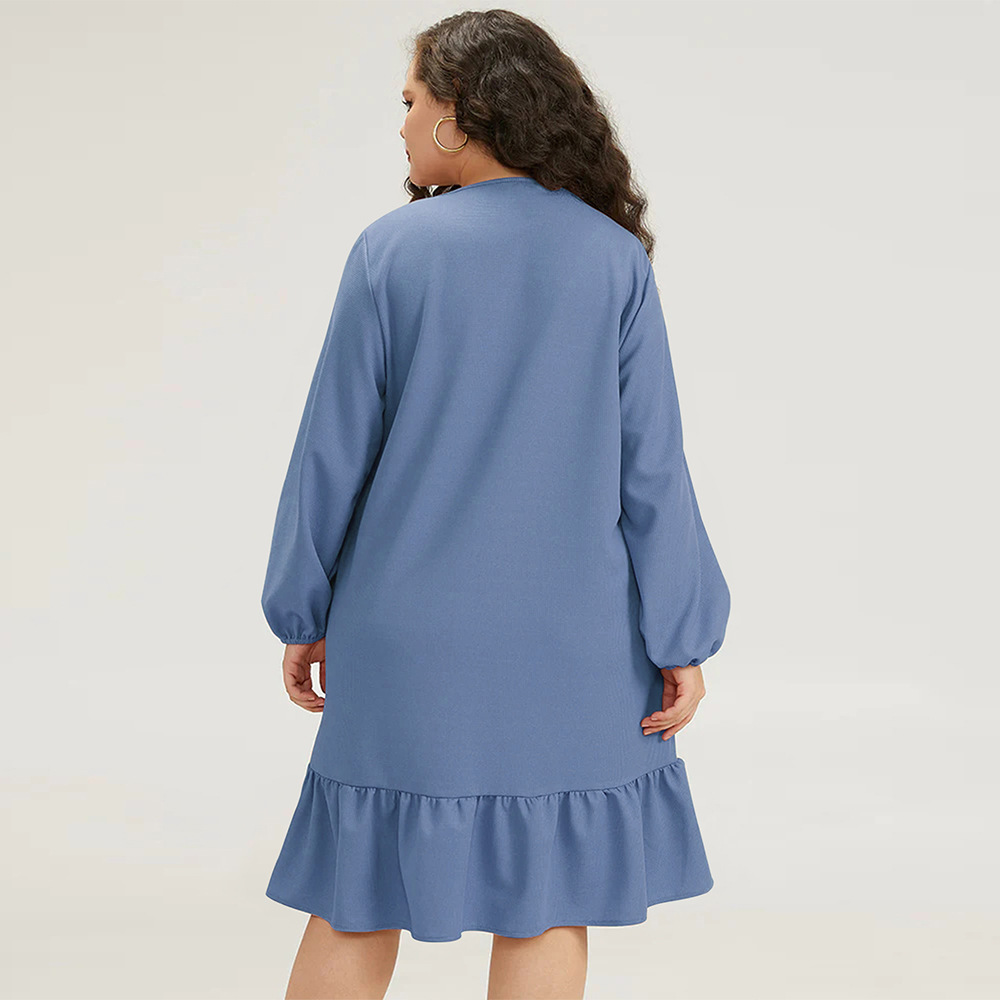 Large Size Womens Autumn and Winter Loose Casual Ruffle Edge V-neck Pocket Solid Color Temperament Dress