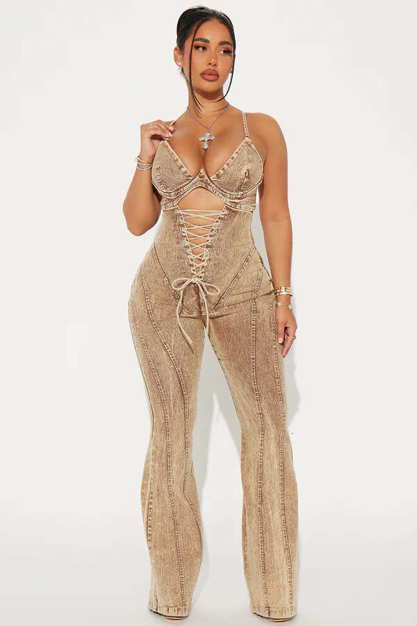 Wide Leg Jumpsuit Women S INS Hot Fashion Hollow Out Strap Waist Denim Jumpsuit