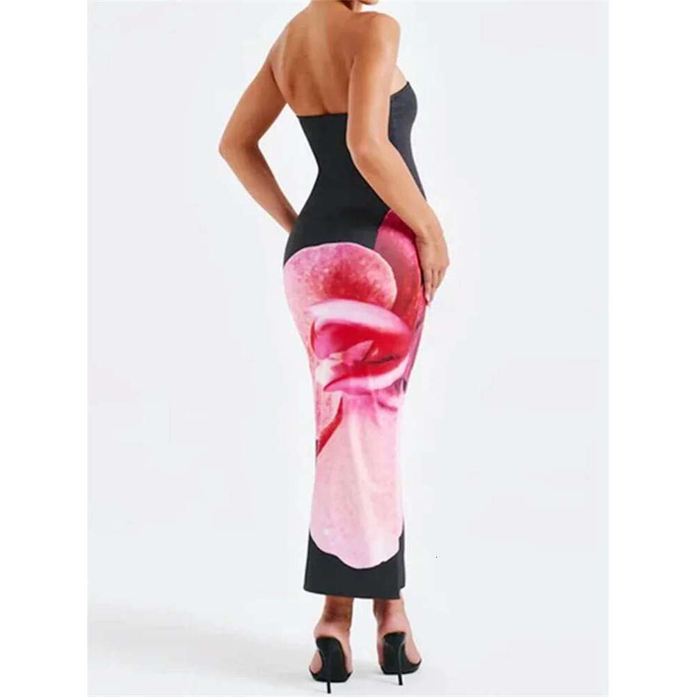 Women's Sleeveless Long Flower Print Strapless Bodycon Midi Dress Evening Party Club Casual Sexy Elegant Dresses
