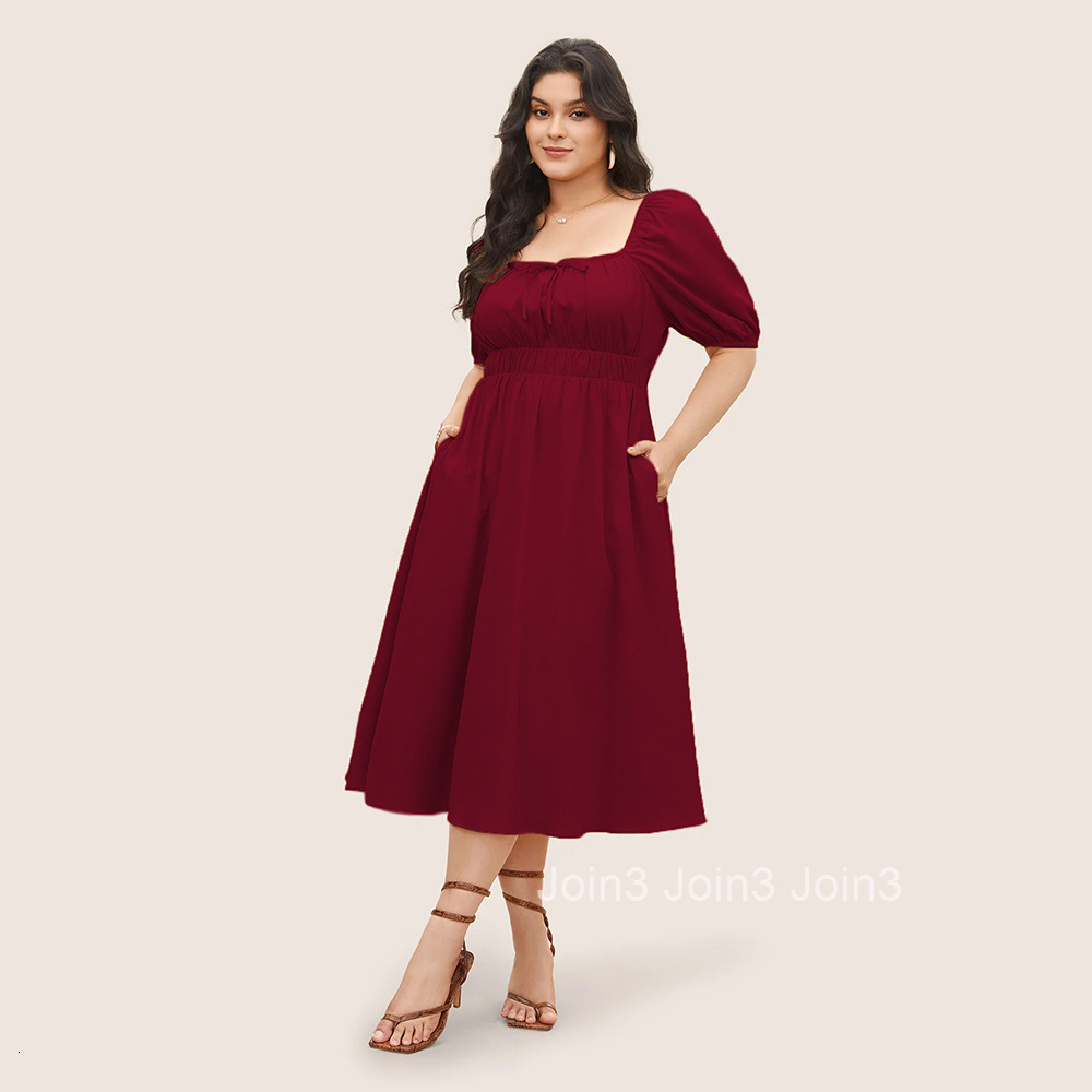 Large Size Womens Spring/summer New Square Neck Bubble Sleeve Pocket Waist French Vacation Dress