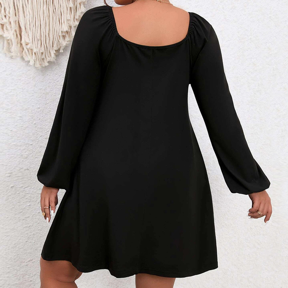 Large Size Womens Autumn and Winter New Collection Waist Cinched A-line Skirt with Bubble Sleeves and Square Collar Temperament Dress