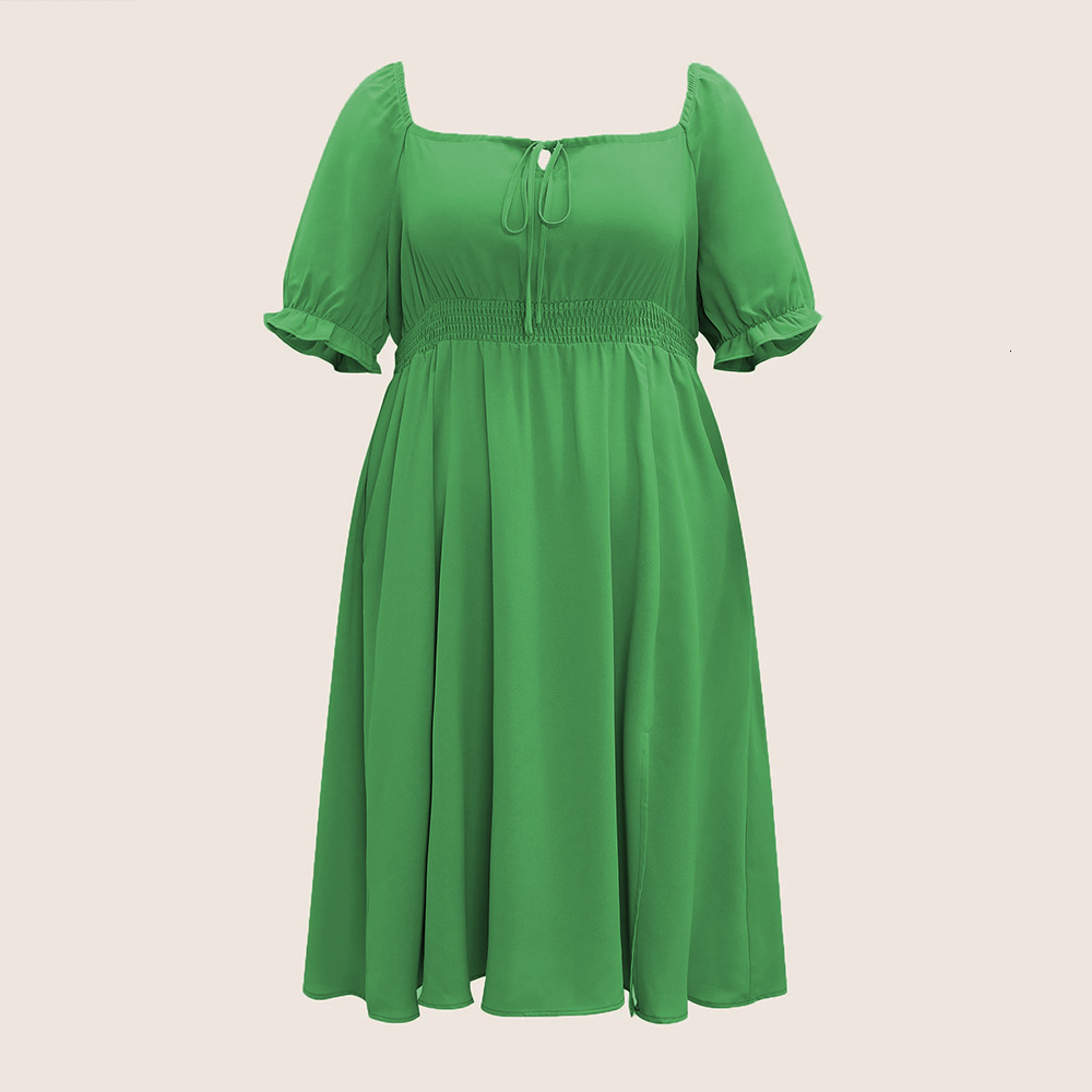 Large Size Womens Square Neck Bubble Sleeve Ruffle Solid Color Waist Cinched Vacation Style Dress