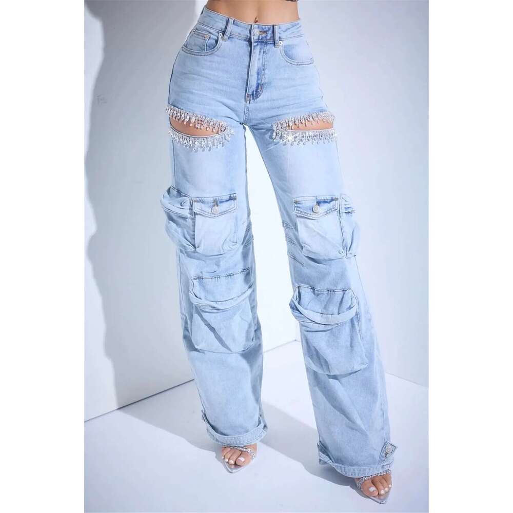 women's tassel dia cut mid waist straight leg jeans hollowed out style multi pocket elastic pants