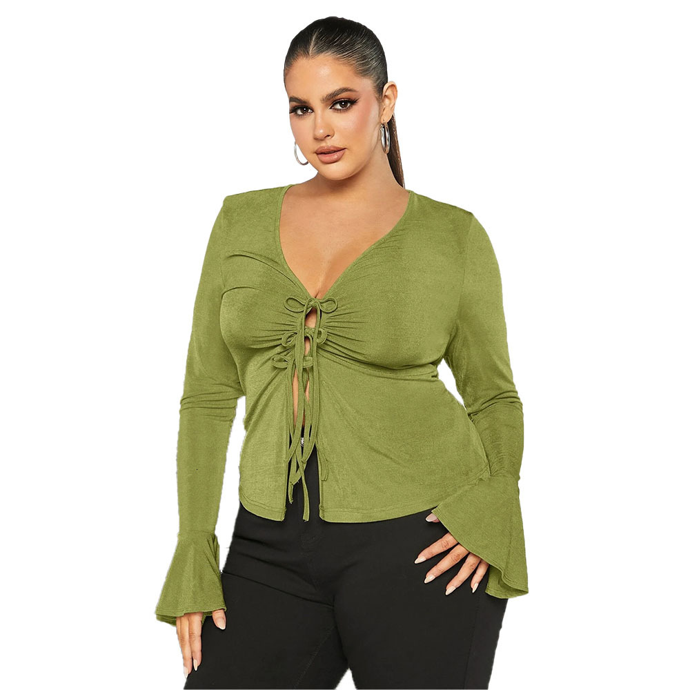 Large Womens Slim Fit Strap V-neck Knitted Long Sleeve Temperament Sexy Top Womens Shirt