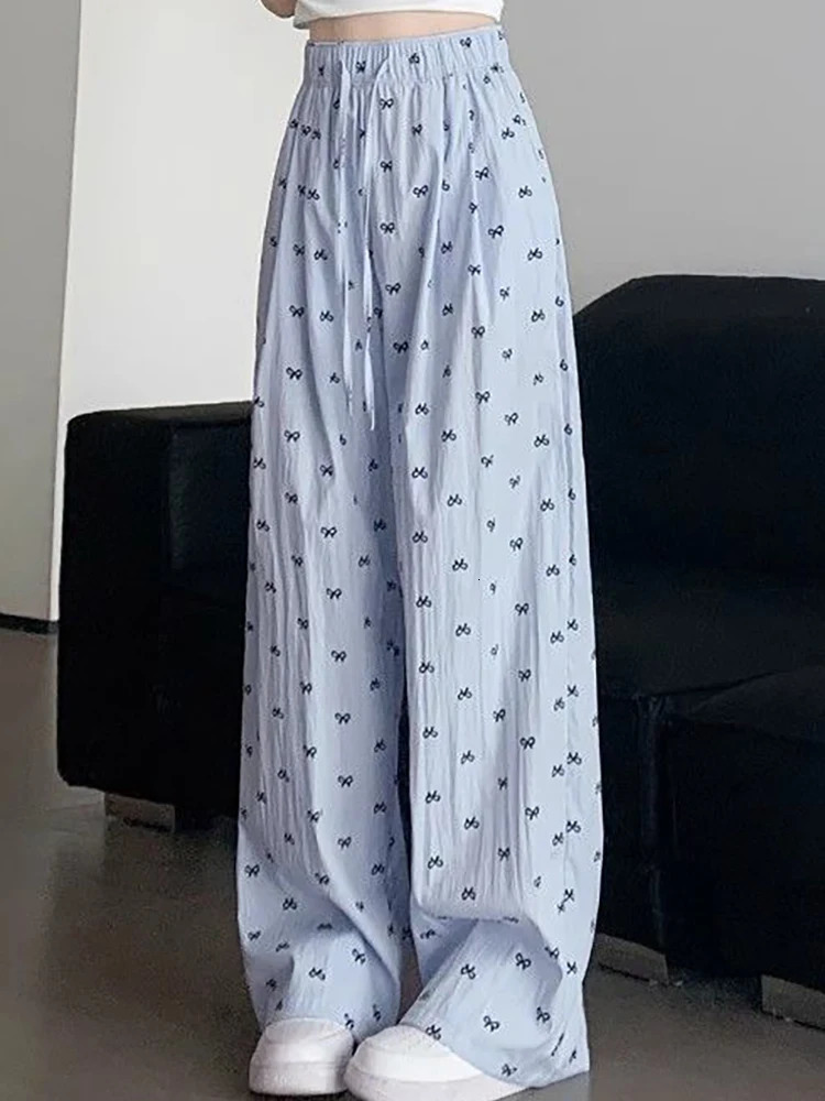 Summer Womens Korea Casual Elastic Waist RelaxedFit Pants 2025 Female Sweet Style Irregular Bow Print WideLeg 250506