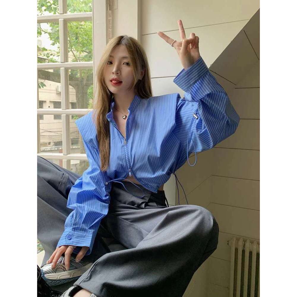Zoki Sexy Cropped Striped Shirt Women Streetwear Long Sleeve Retro Blouse Korean Double Zipper Patchwork Design Female Short Top