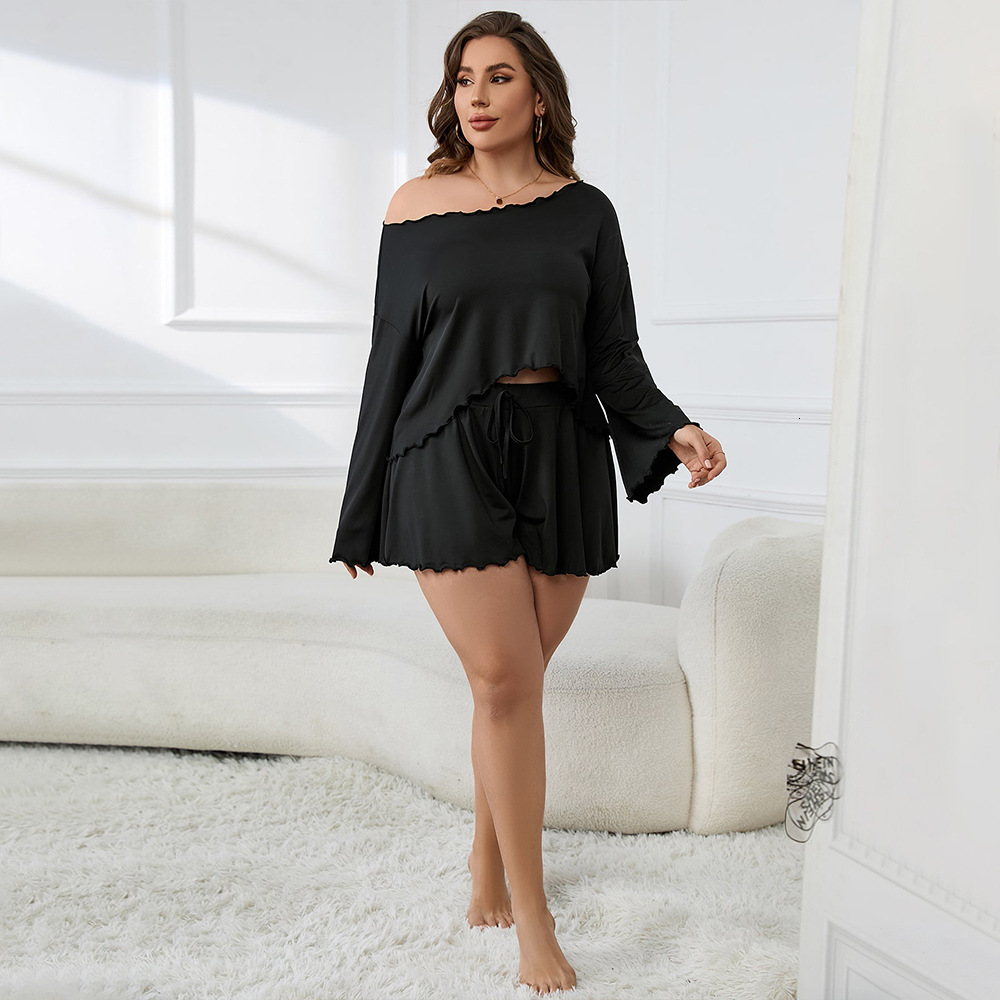 Womens Minimalist Style Plus Size Home Set Summer Mushroom Edge Long Sleeved Short Pants