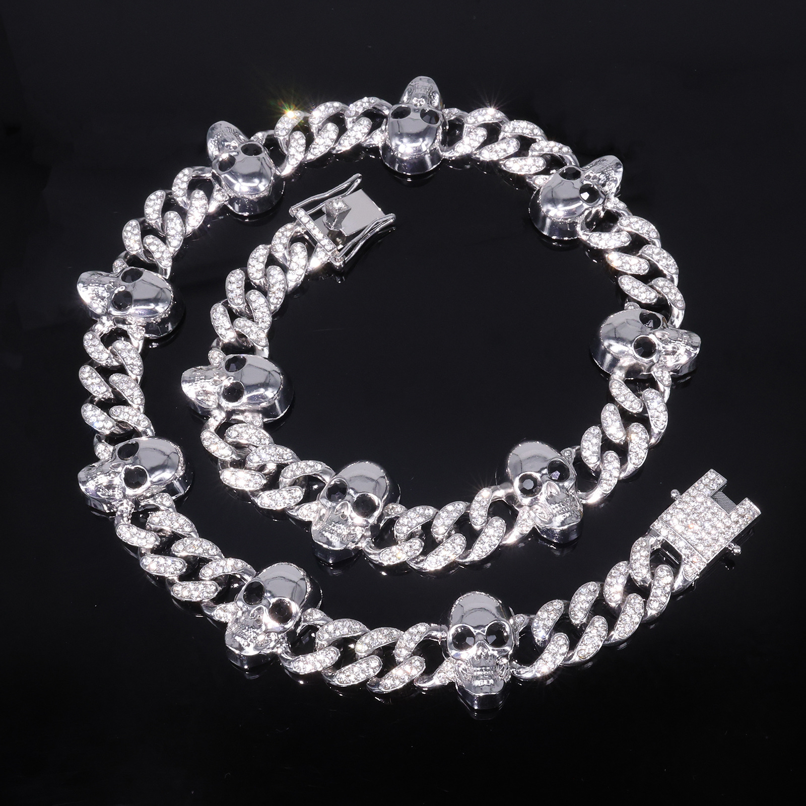 Trendy Gold and Silver Skull Diamond Cuban Link Chain Necklace for Men and Women - Hiphop Punk Style, Cool and Fashionable
