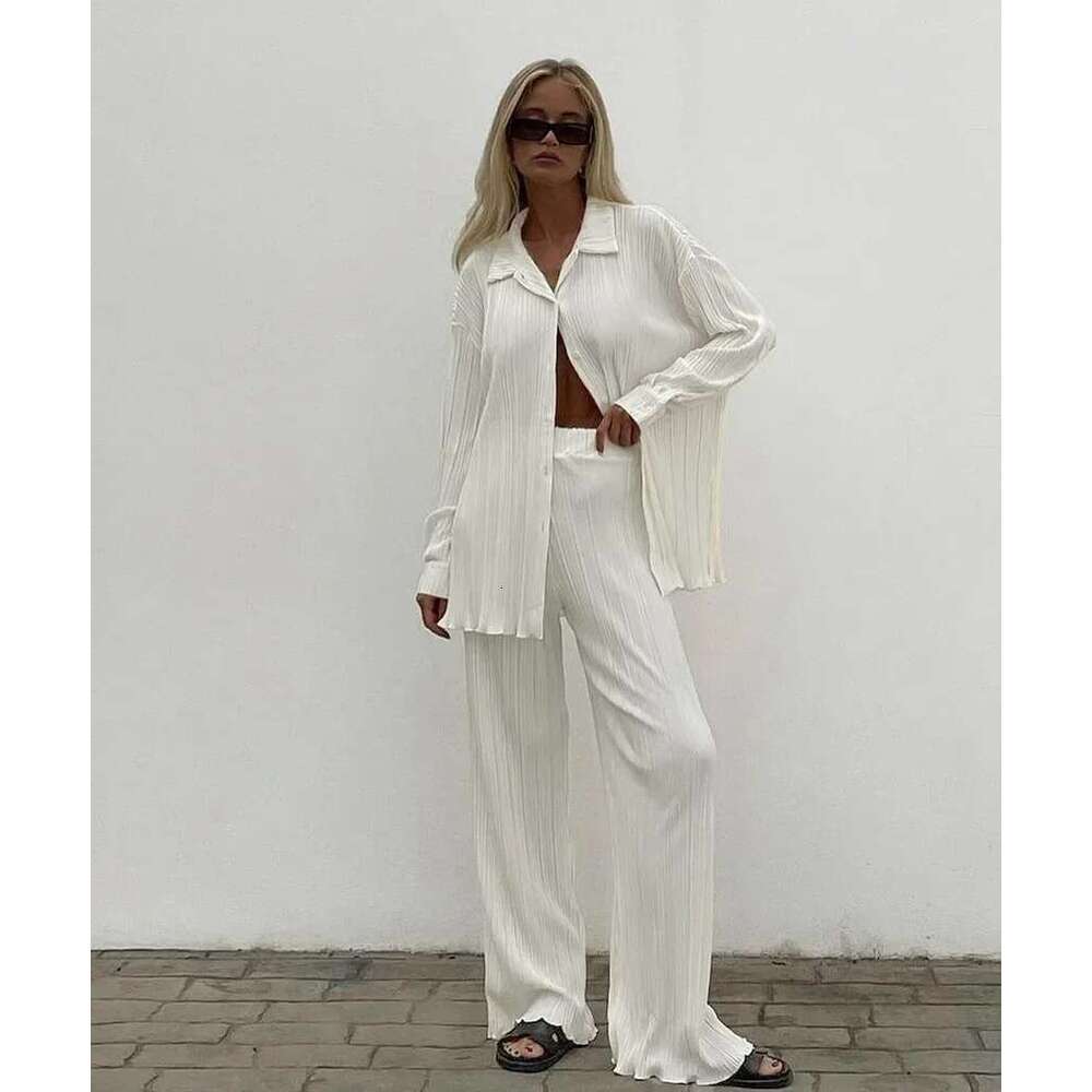 Street Women's Long Sleeve Shirt Tops and Wide Leg Pants Elegant Tracksuit Two Piece Set Sweatsuit Fiess Outfits