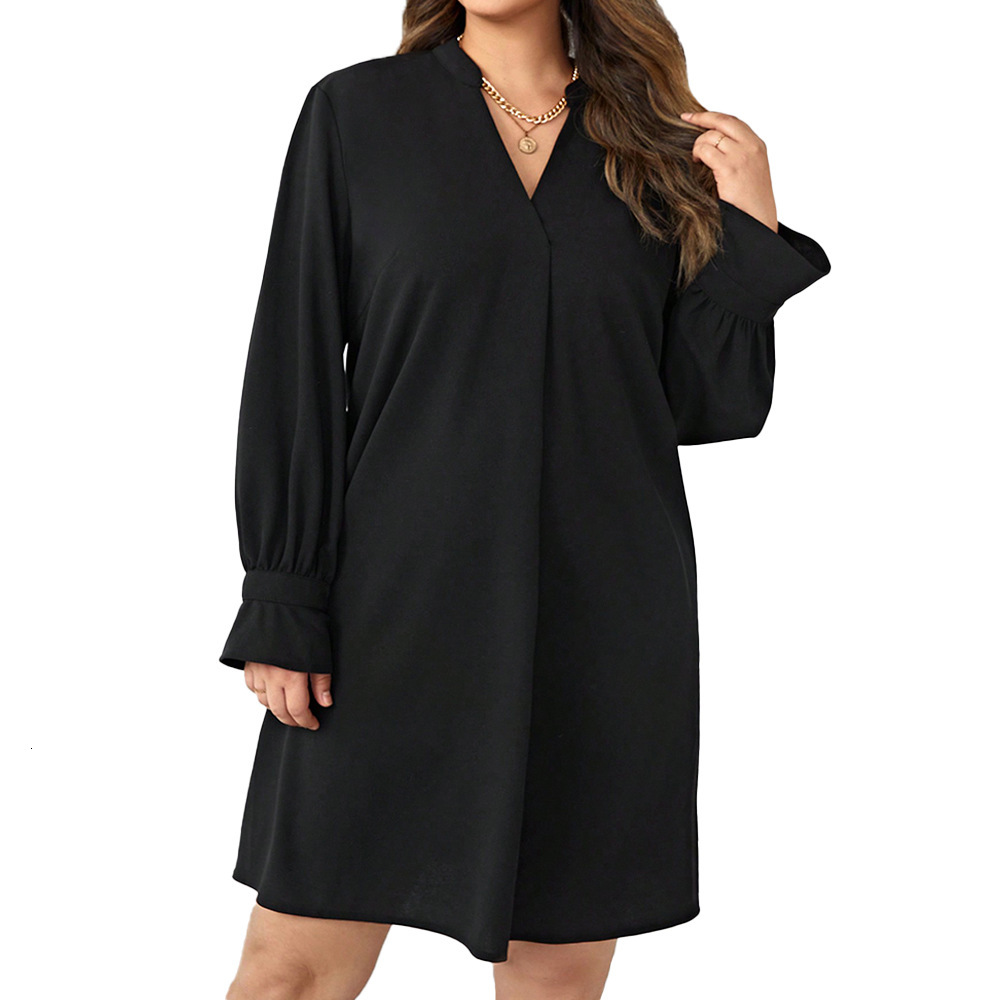 Plus Size Womens Autumn and Winter New V-neck Solid Color Long Sleeved Loose Casual Dress