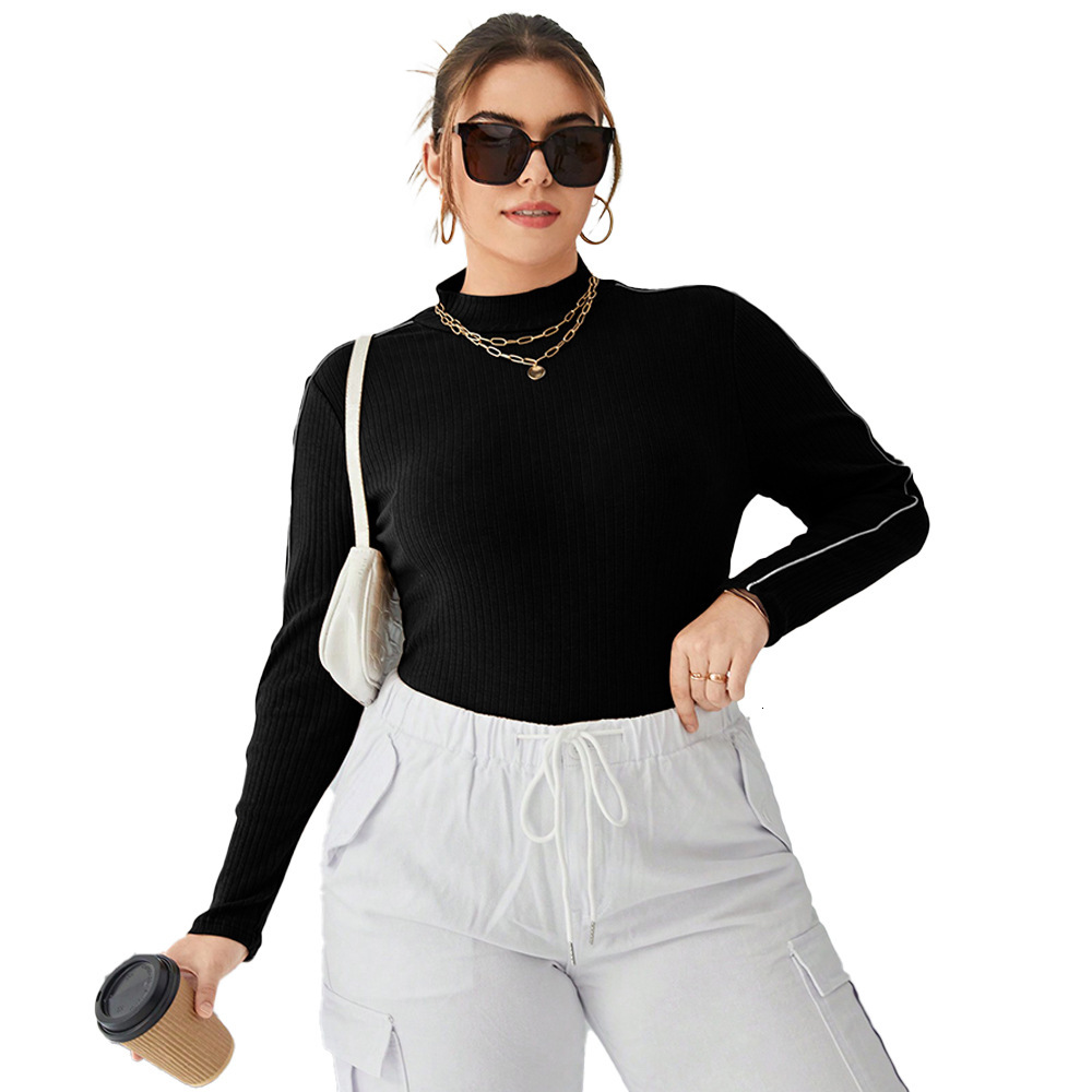Large Size Womens Contrasting Knitted Sweater for Autumn and Winter with a Solid Color and High Neck and a Pit Stripe Top As the Base