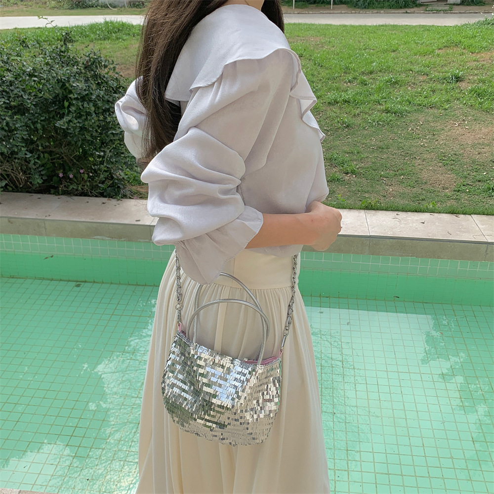 2025S designer new women trendy sparkling pink patchwork silver sequin niche large capacity commuting shoulder canvas bag handbag