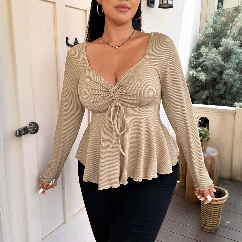 Autumn and Winter New Plus Size Womens Clothing Elegant Style T-shirt V-neck Slim Fit Short Sleeved Top