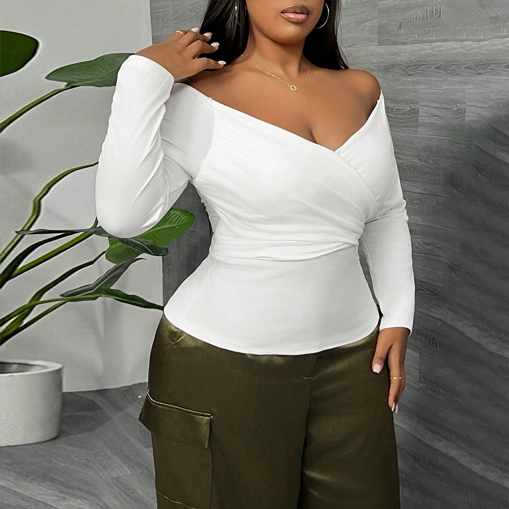 Large Size Womens Simple and Sexy T-shirt Autumn and Winter V-neck Slim Fit and Slimming Short Long Sleeved Top