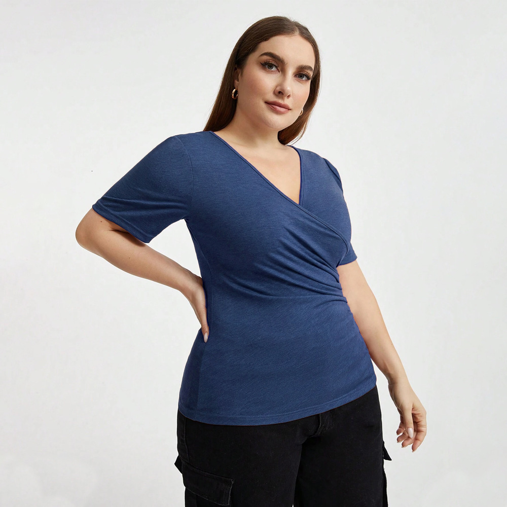 New V-neck Patchwork Wide Slim Fit Autumn Solid Color Top for Women Short Sleeved T-shirt for Women