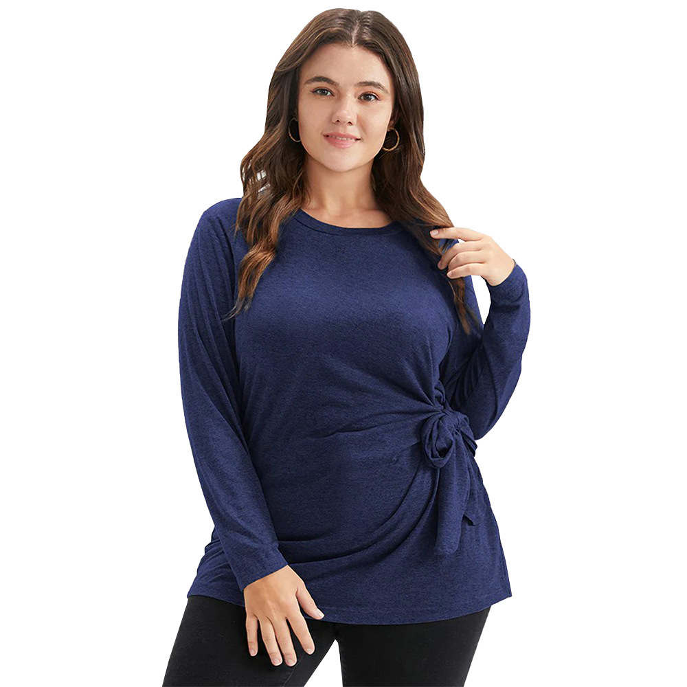 Large Size Womens Simple and Elegant T-shirt for Autumn and Winter Slim Fit Pleated Twisted and Slimming Top