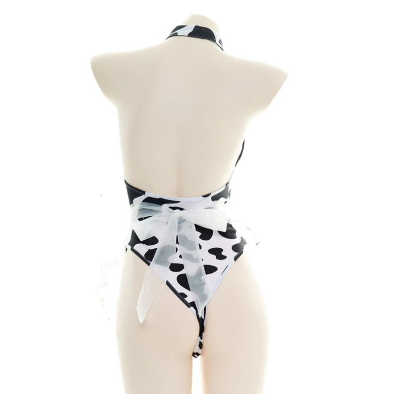 Women Sexy Cow Lingerie Set Anime Maid Cosplay Costume Teddies Lingerie Bodysuit with Maid Apron Set Sleepwear 250515