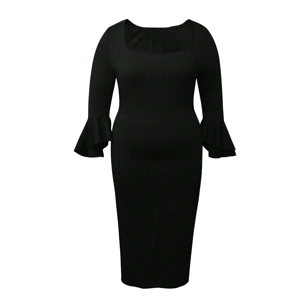 Plus Size Womens Sexy and Elegant Dress Autumn and Winter Square Neck Ruffle Sleeves Slim Fit Mid Length Skirt