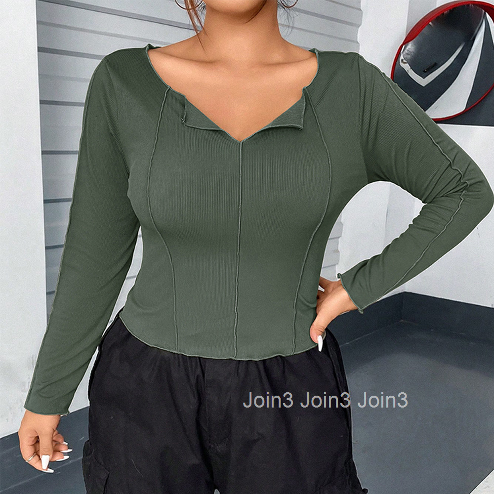 Large Size Womens Slim Fit Short Design with a Niche V-neck T-shirt Womens Long Sleeved Shirt with Inner Lining Top