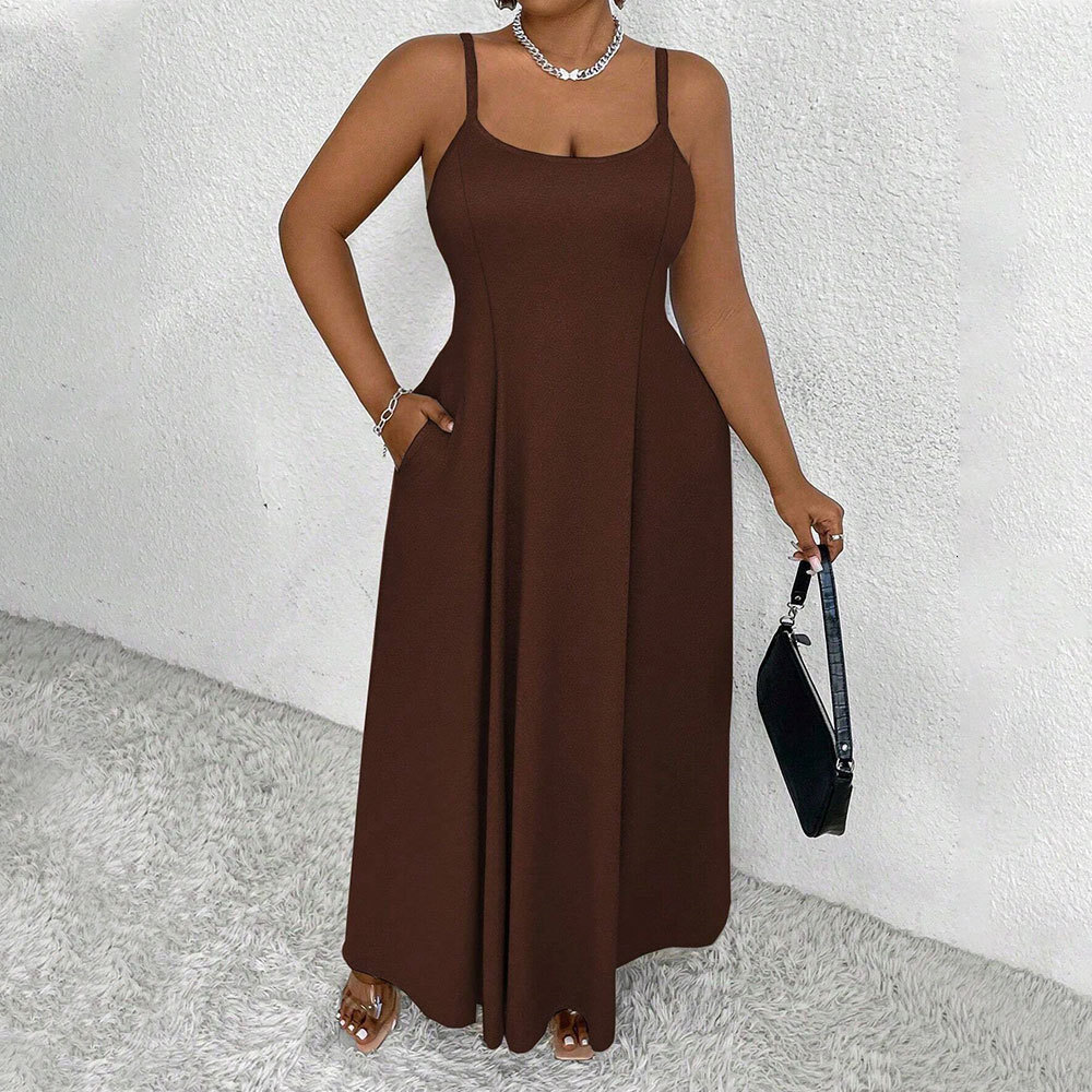 New Plus Size Womens Suspender Waist Cinched Dress for Spring and Summer 2025 Elegant Style Sleeveless Slim Fit Long Dress