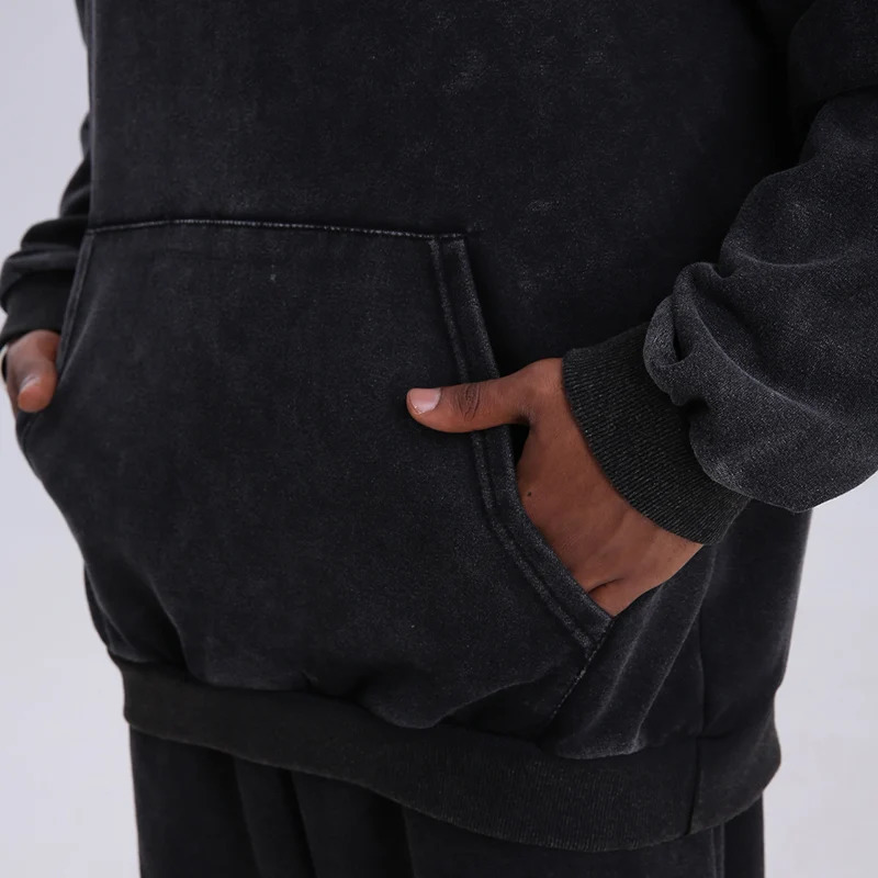 Vintage Black Acid Wash Cotton Hoodies for Men Women Spring Autumn Hooded Sweatshirts Casual Baggy Loose Fit Pullover Tops 250515