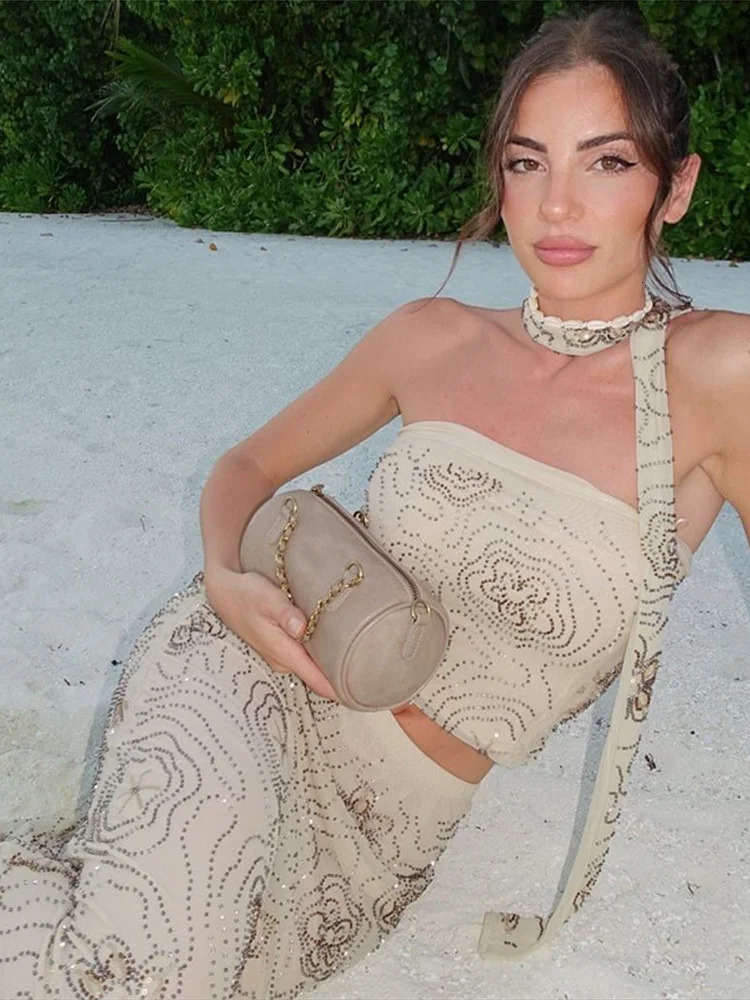 Beading Long Skirts Outfits Women Strapless Slim Scarf Tops Suits Female 2025 Spring Summer Fashion Chic High Waist Set 2 Pieces 250515