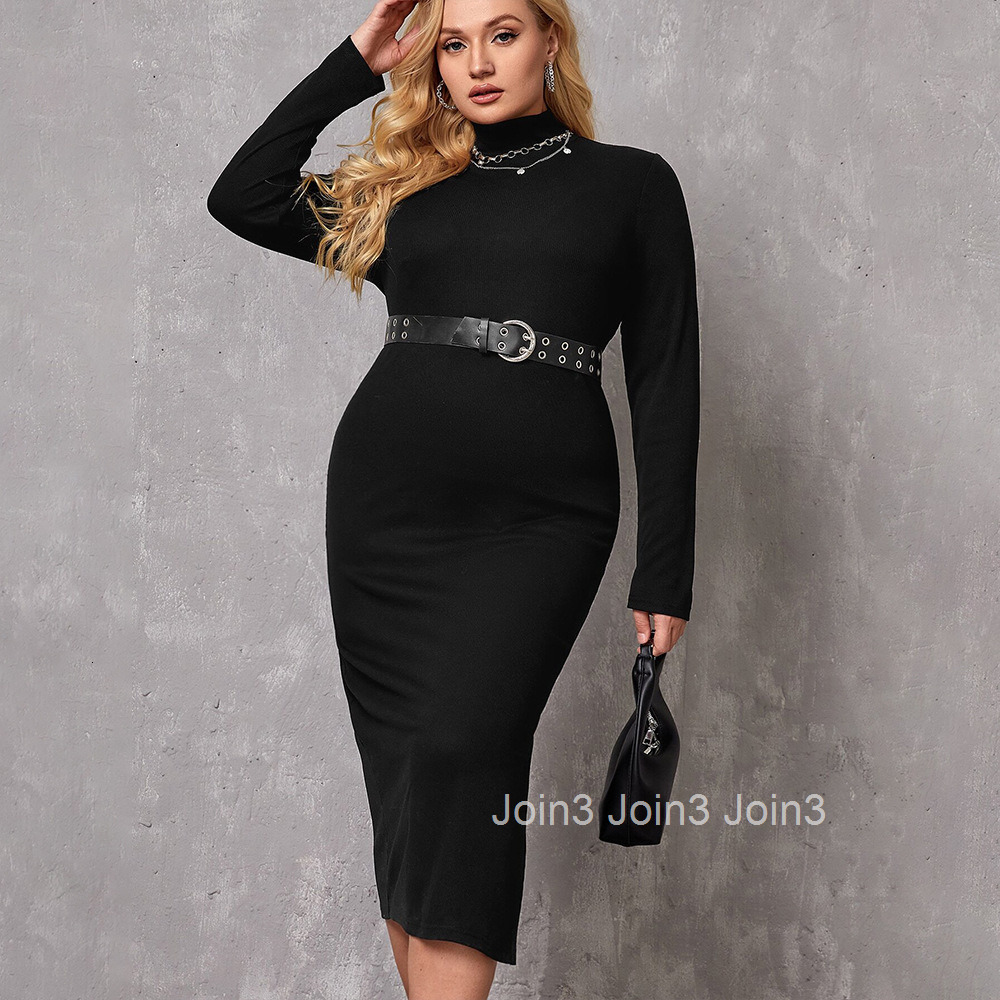 Plus Size Womens Ladies Intellectual Style Dress Autumn and Winter High Neck Base Mid Length Skirt