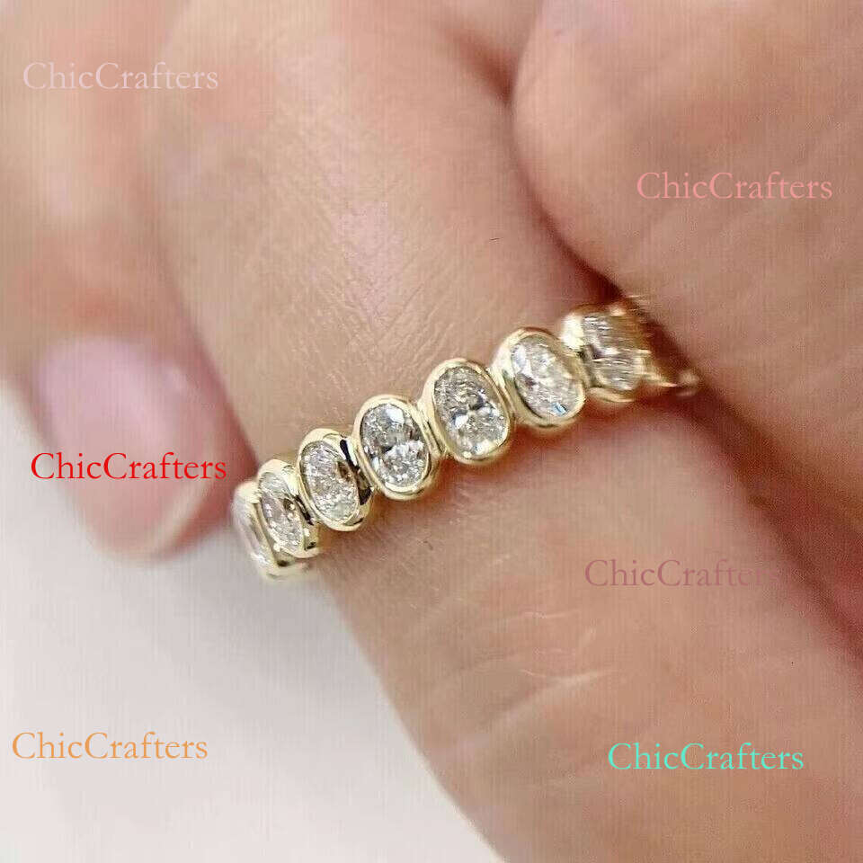 Starsgem Lab Grown Oval Cut CVD HPHT Dia Bezel Setting Eternity 10k 14k Solid Gold Wedding Band Ring