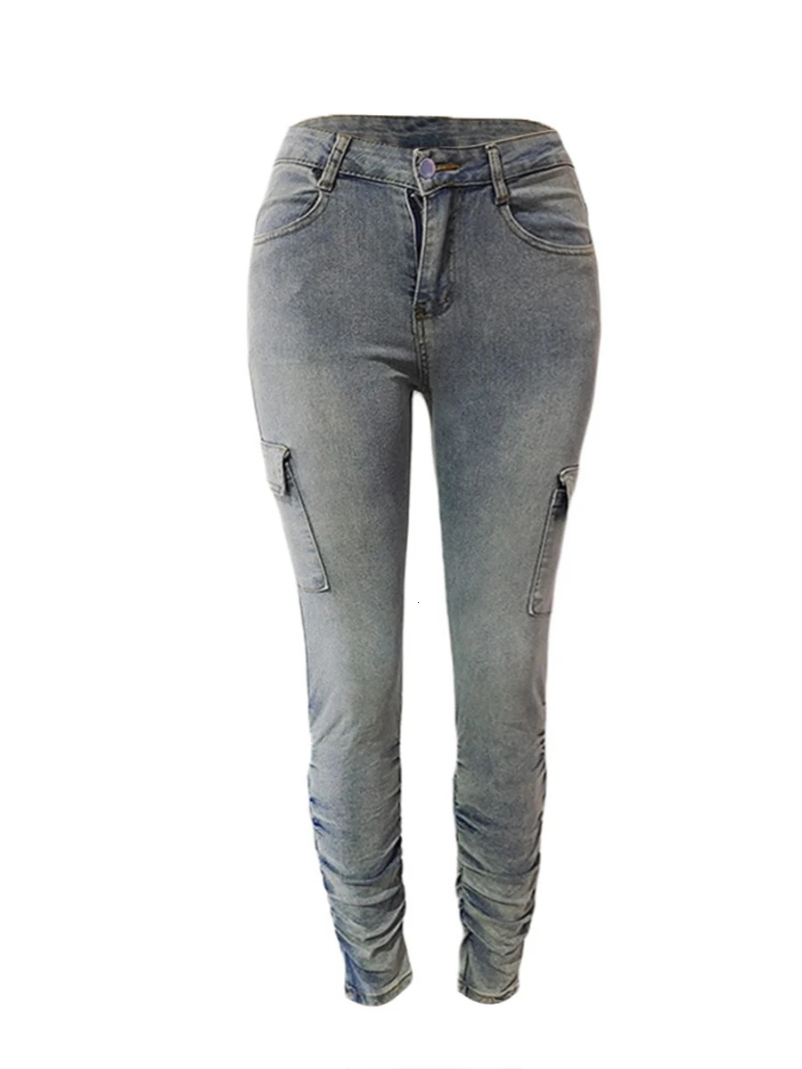 LW Plus Size High Waist Side Flap Pocket Cargo Jeans Women Zipper Ruched Jeans Causal Skinny Long Trouser 250515