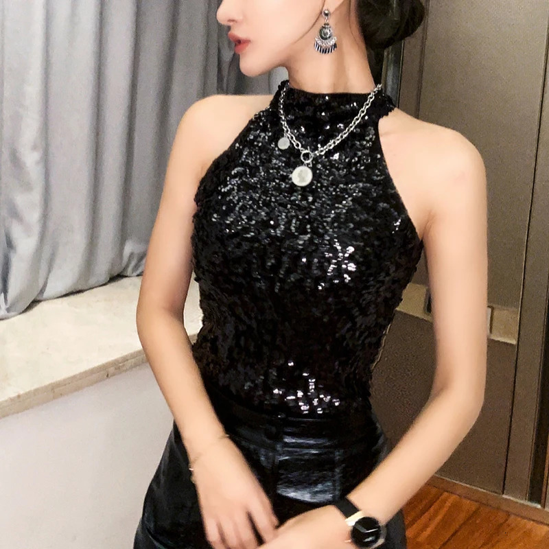Sequin Fashion Shimmer Flashy Embellished High Quality Halter Neck Sleeveless Vest Sexy Tank Top Clubwear Stage Perform 250506
