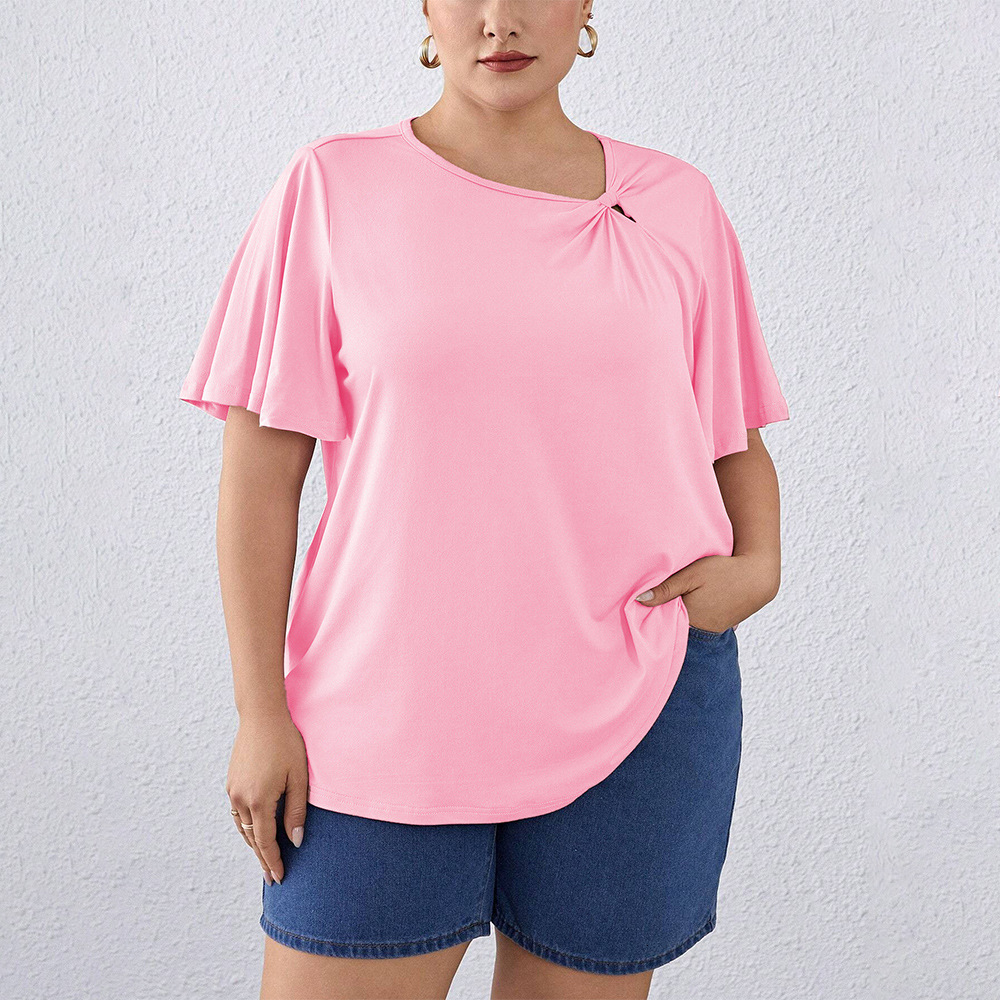 Large Size Minimalist Round Neck T-shirt for Summer Loose and Versatile Solid Color Pullover Short Sleeved Top