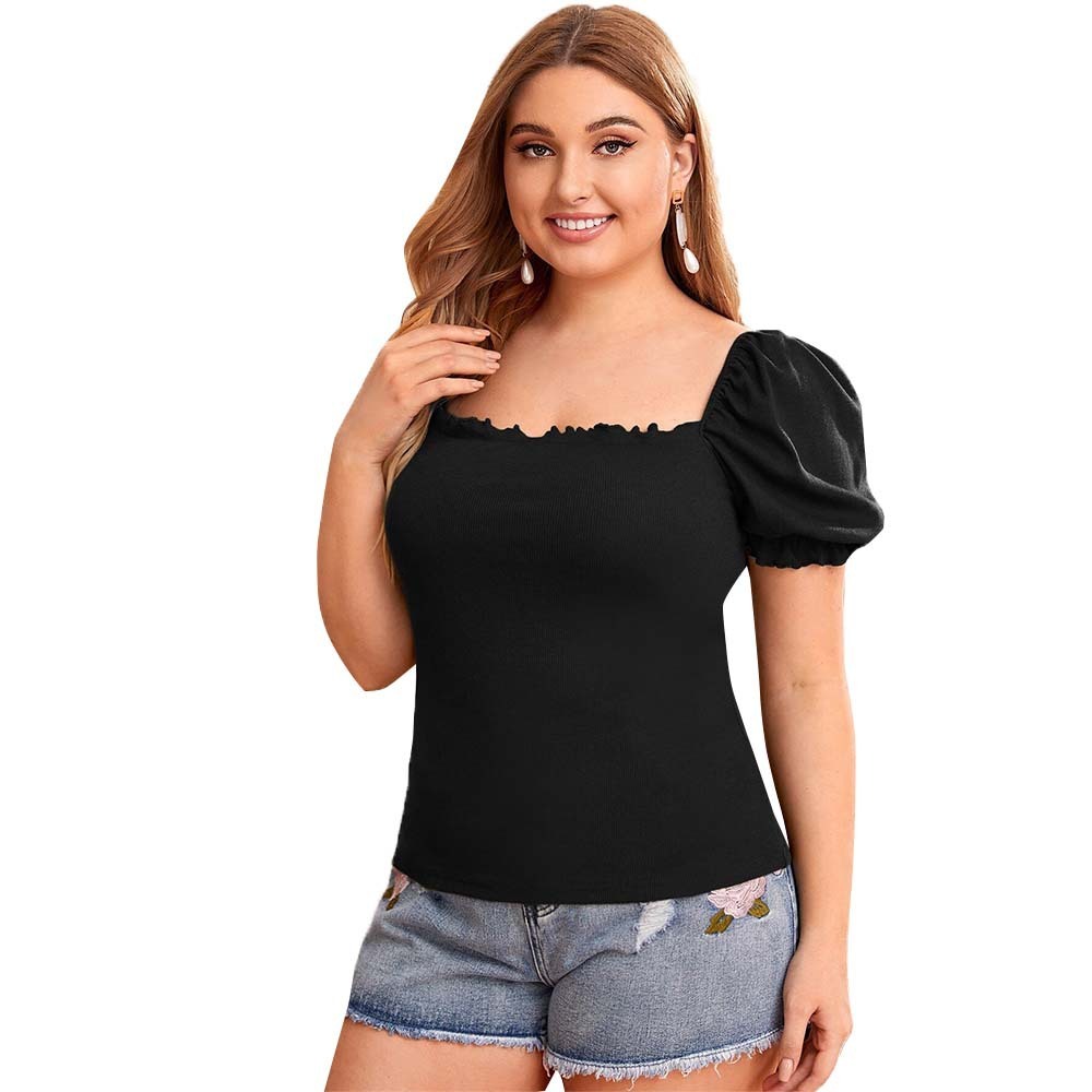 Plus Size Womens Elegant Style Bubble Sleeve T-shirt Summer New Square Neck Solid Color Short Top