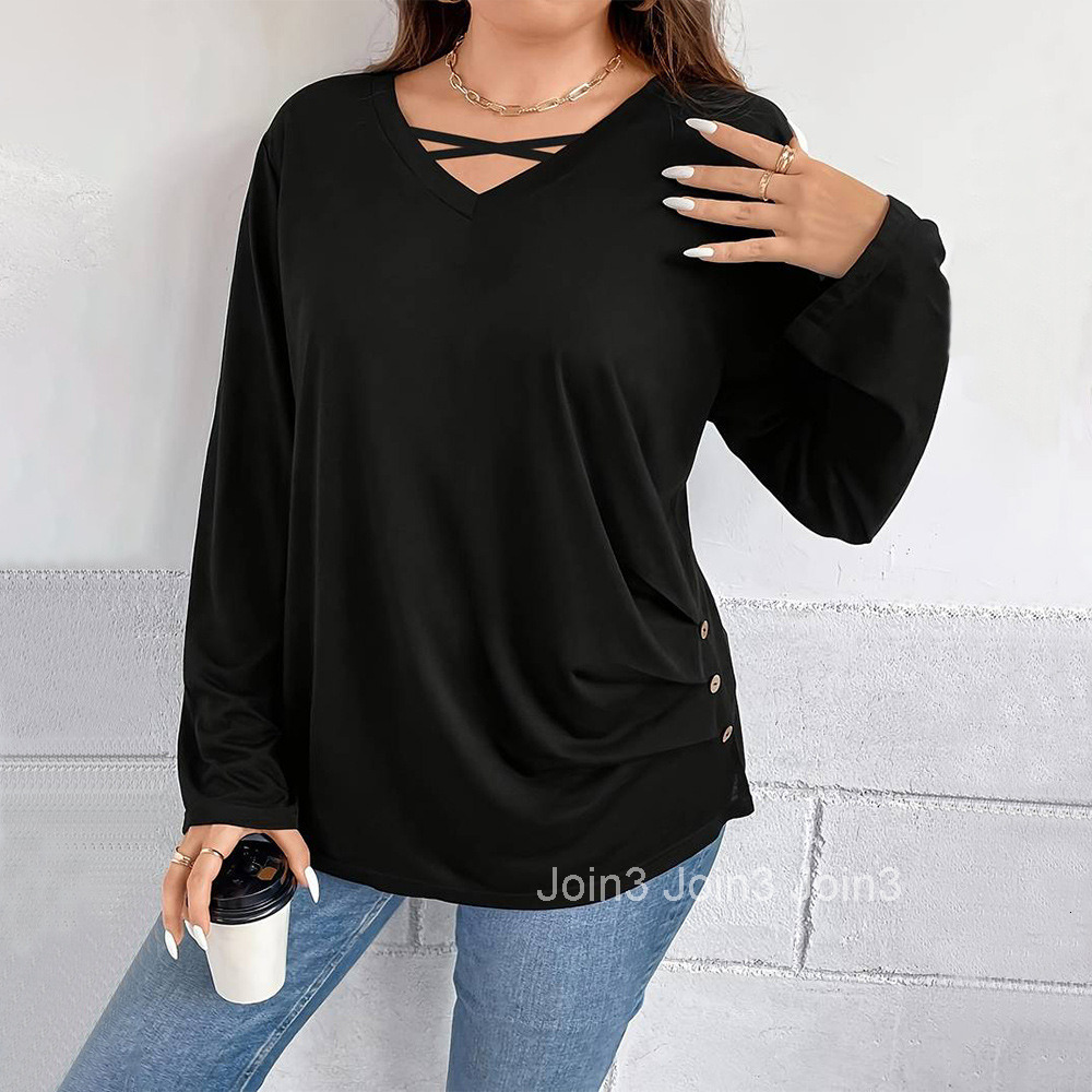 Plus Size Womens New Minimalist Casual T-shirt for Autumn and Winter Loose and Slimming Solid Color Base Top