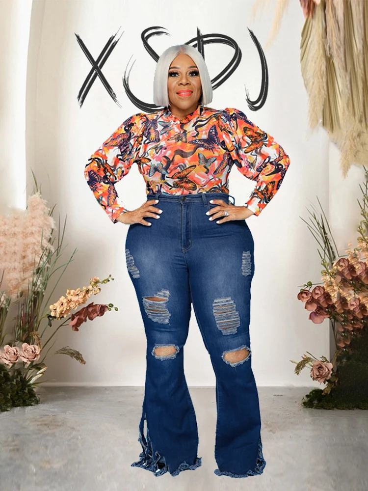 Ladies Jeans High Waist Woman Tassel Vintage Jeans Ripped Plus Size Fashion Elegant Flared Jeans Wholesale Drop 250515
