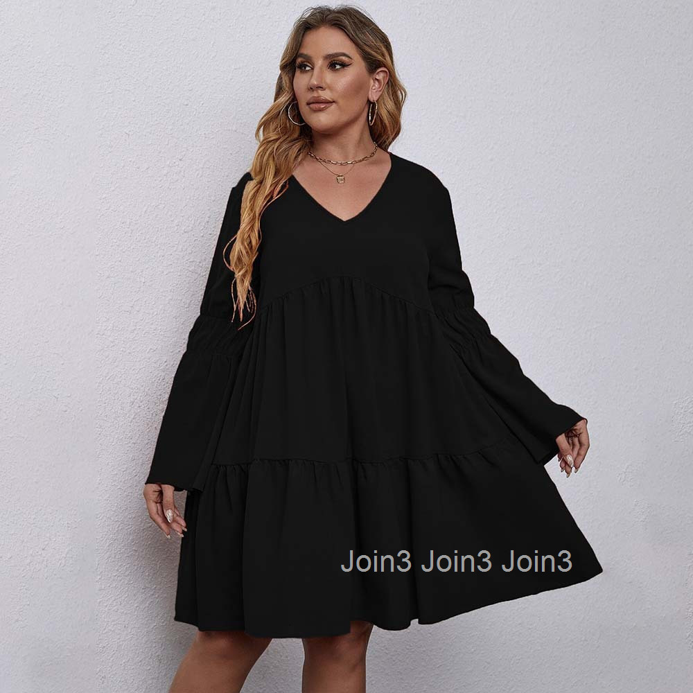 Plus Size Womens Elegant and Sweet Style Dress Autumn and Winter V-neck Loose Slimming Mid Length Skirt