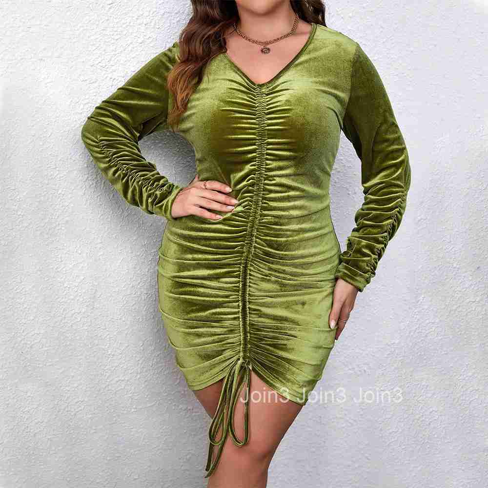 Large Size Womens Autumn and Winter Slim Fit Bag Hip V-neck Long Sleeved Velvet Sexy Party Dress