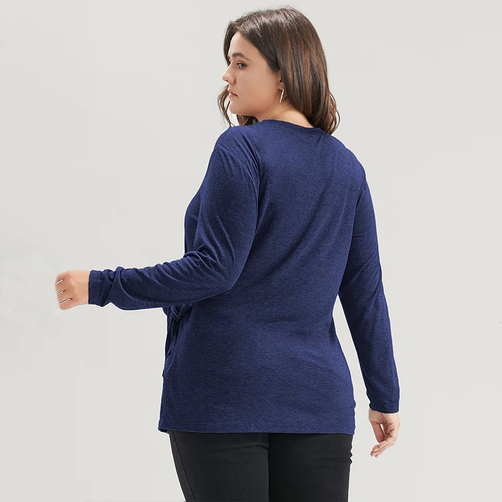 Large Size Womens Simple and Elegant T-shirt for Autumn and Winter Slim Fit Pleated Twisted and Slimming Top