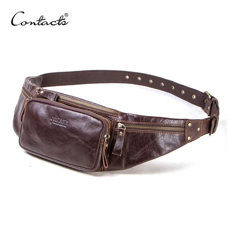 Contact's Cow Leather Men New Casual Small Fanny Male Waist Pack For Cell Phone And Credit Cards Travel Chest Bag