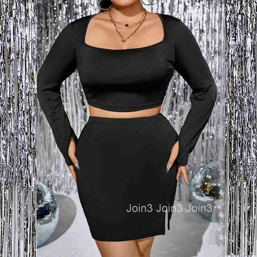 Ins Sexy Square Neck Hollowed Out Slim Fit High Waist Skirt Autumn and Winter New Item Solid Color Slit Short Spicy Girl Set Skirt