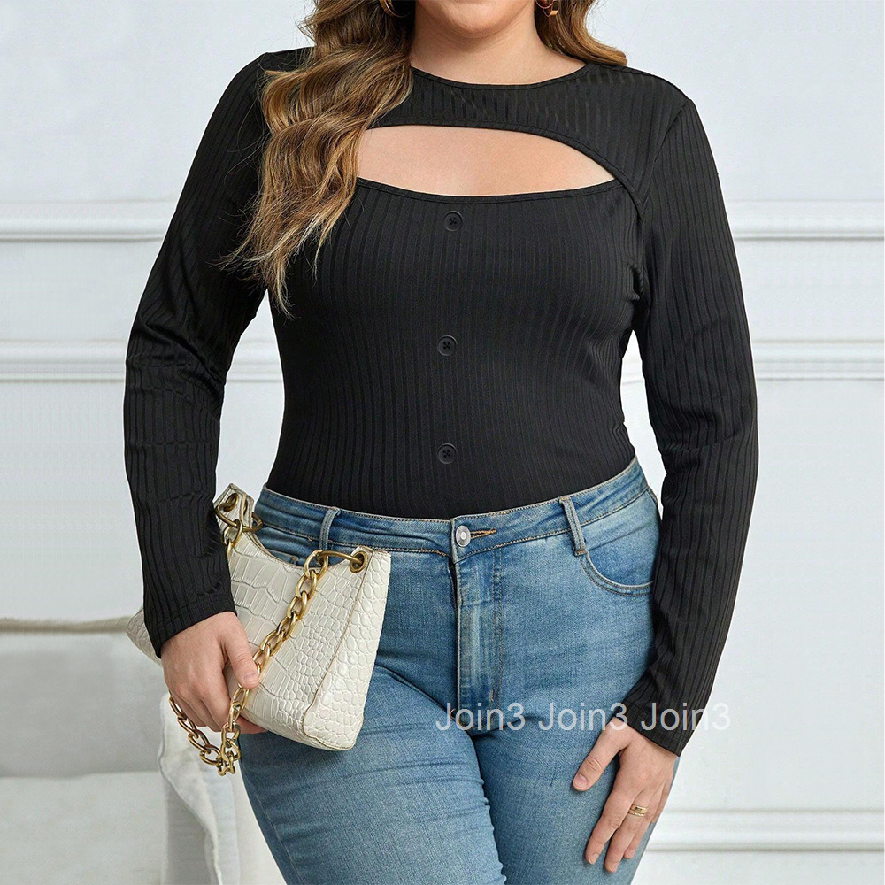 Large Size Womens Clothing Autumn and Winter New Item Slim Fit Round Neck Sexy Hollow Out Long Sleeved T-shirt Versatile Top