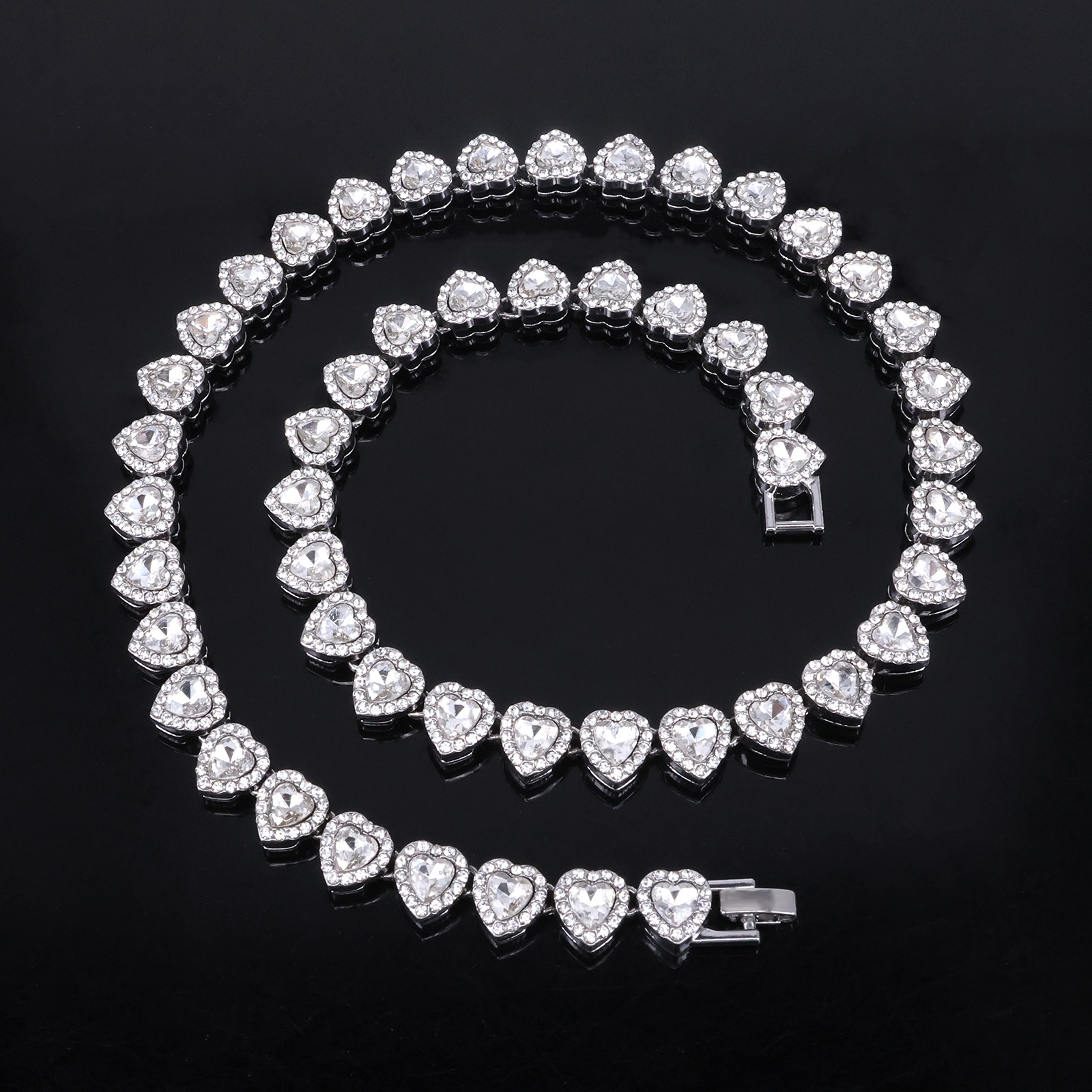 Trendy 11mm Heart Shaped Glass Crystal Rhinestone Cuban Necklace for Men, Hip Hop Jewelry, Stylish Cross-Border Wholesale Fashion Accessories