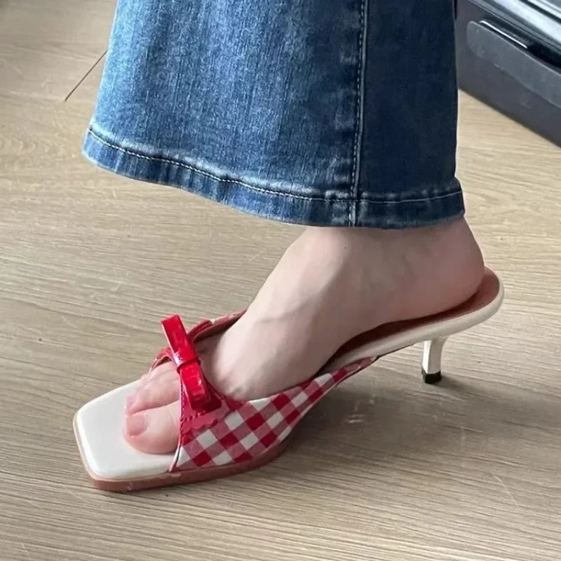 Shoes Retro Plaid Bow Sandals Kitten Heels French Style Peep Toe Shoes Mixed Color Sweet and Cute Womens Vocation Shoes 250514