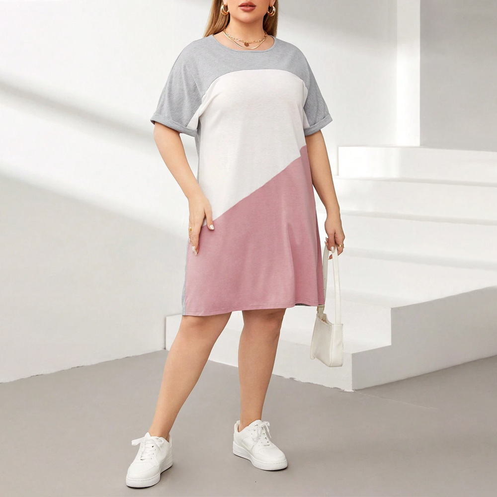 Plus Size Womens Short Sleeved Round Neck Patchwork Contrasting Loose Solid Color Casual Dress