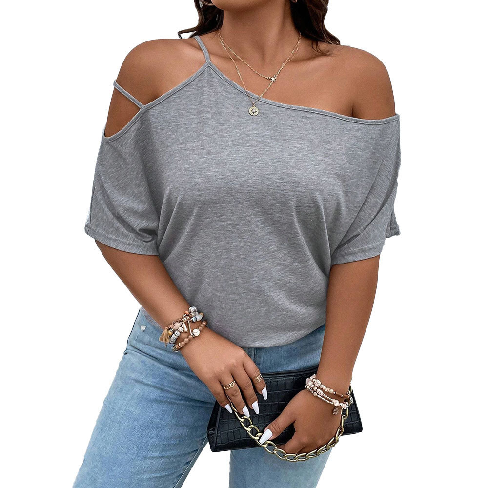 Large Size Womens New Loose Casual Sloping Collar Off Shoulder Short Sleeved Temperament Top