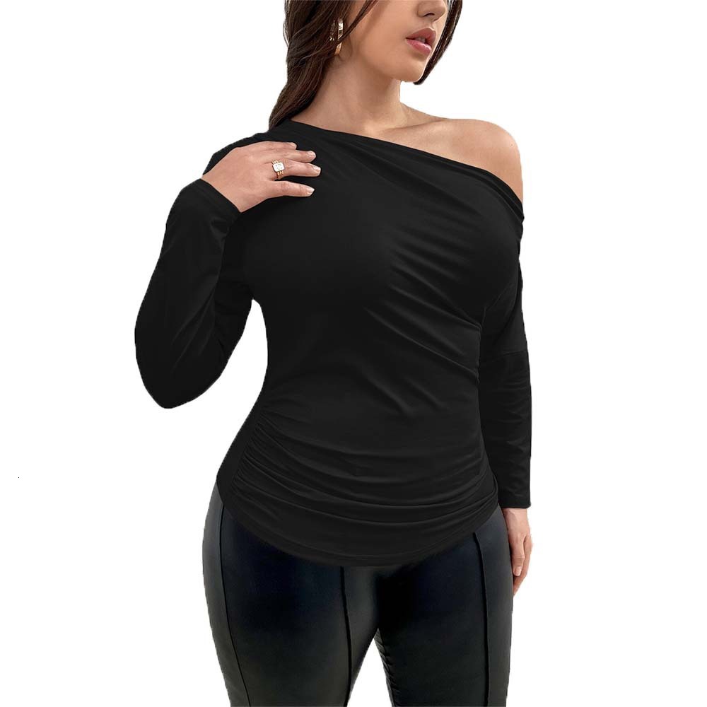 Large Size Womens Fashion Style T-shirt for Autumn and Winter One Cut Collar Fashionable Temperament Top