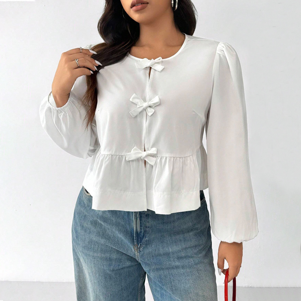 Plus Size Womens Gentle Solid Color T-shirt Autumn and Winter Bubble Sleeve Bow Cardigan Top