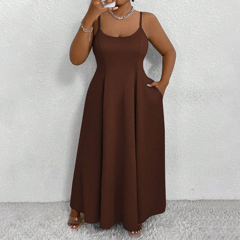New Plus Size Womens Suspender Waist Cinched Dress for Spring and Summer 2025 Elegant Style Sleeveless Slim Fit Long Dress