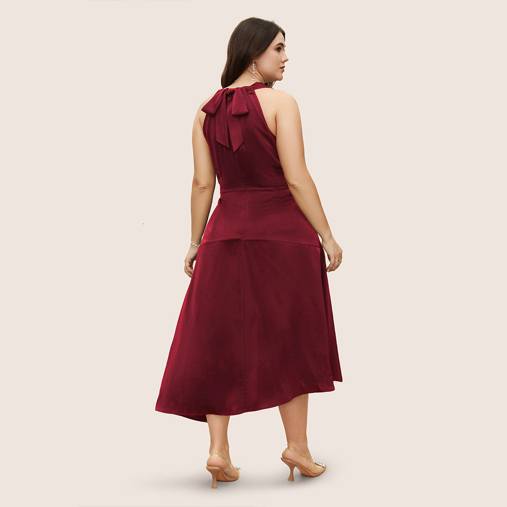 Plus Size Womens Waist Up Sexy Off Shoulder Color Satin Party Red Dress