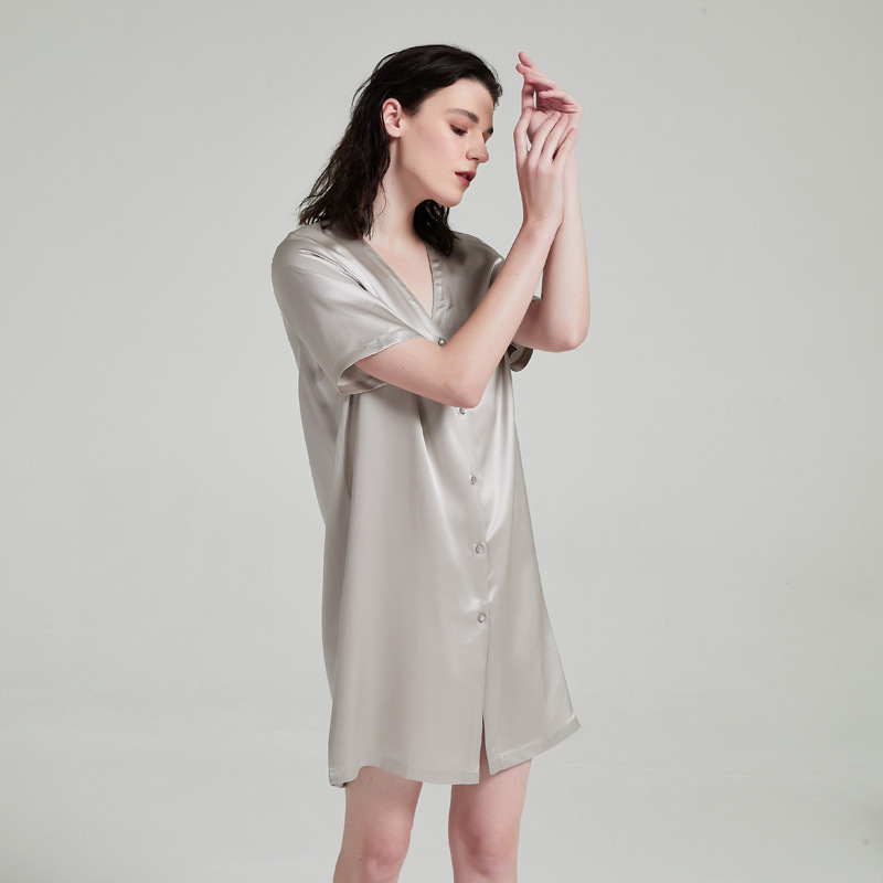 H1115 Large size silk nightdress for women summer 100% mulberry silk collarless shirt dress home loose pajamas